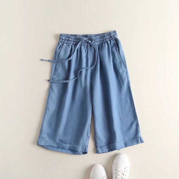 

basic men's tencel thin shorts casual capri pants women's dress summer new style ap1741, Blue