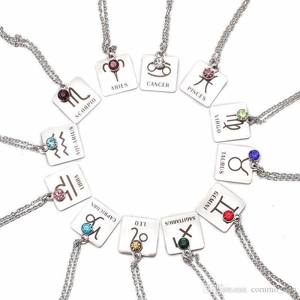 

женщины новая birthstone ожерелье 12 зодиакальных созвездий нержавеющей стали бирка собаки подвеска серебряная цепочка для мужчин на день ро, Silver