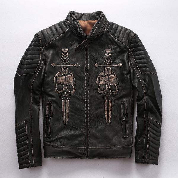

2019 vintage black men american skulls motorcycle leather jacket plus size xxxxl genuine thick cowhide spring biker's coa