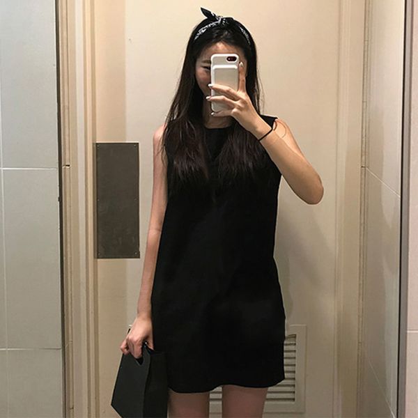 

retro round neck casual summer a line solid sleeveless cute women dress, Black;gray