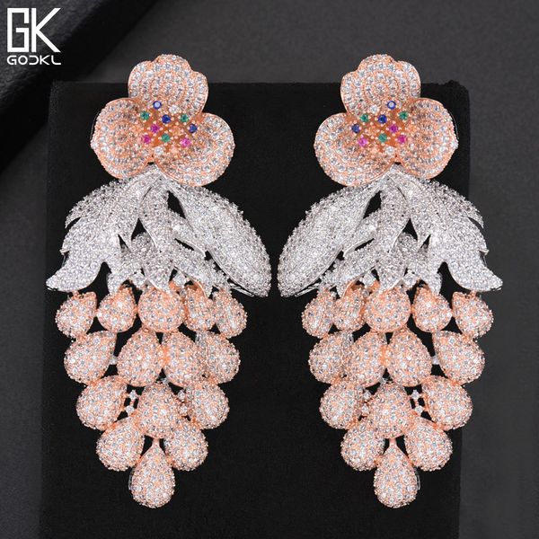 

godki 75mm pink trendy luxury grape nigerian tassels long dangle earring for women wedding zircon cz indian dubai bridal earring, Silver