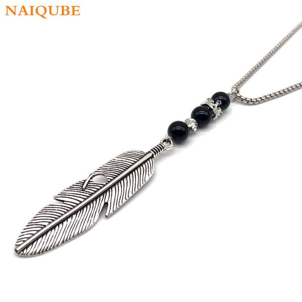 

naiqube 2019 new fashion trendy men women feather crown pendant necklace simple diy chain necklace stone bead jewelry gift, Silver