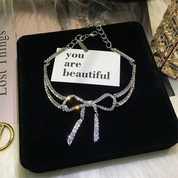 

luxury diamond bow necklace choker clavicle chain crystal designer necklace women gift for party anniversary wholesale, Silver