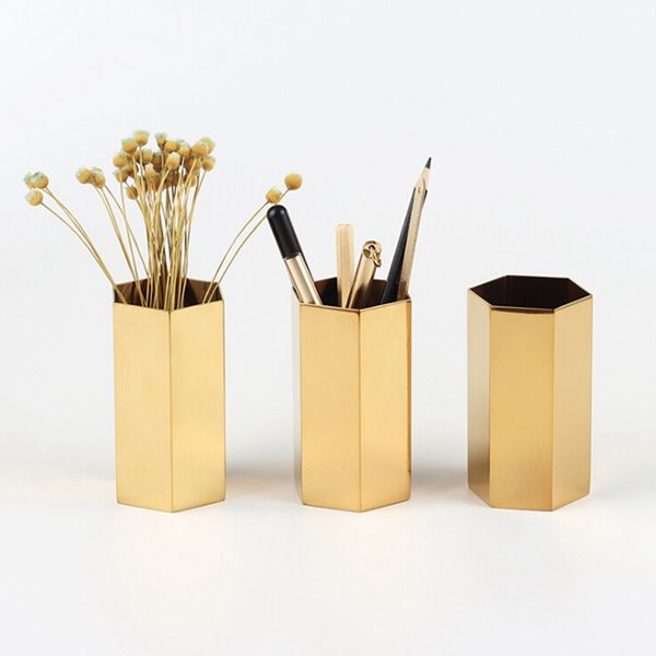 

nordic style simple gold vase hexagonal pen tube diamond makeup brush storage basket for household storage decoration
