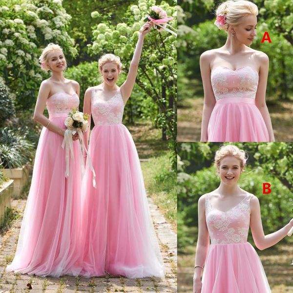 

2021 v-neck lace appliques a-line tulle bridesmaids dresses sweep train long spring custom honor of maid vestidos de guest gowns, White;pink