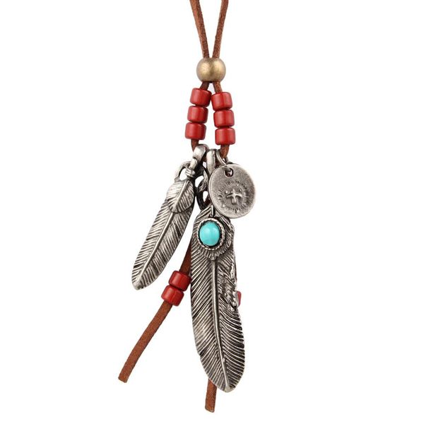 

europe and korea retro creative personality leaves necklace bronze inlaid feather pendant necklace long necklace, Silver