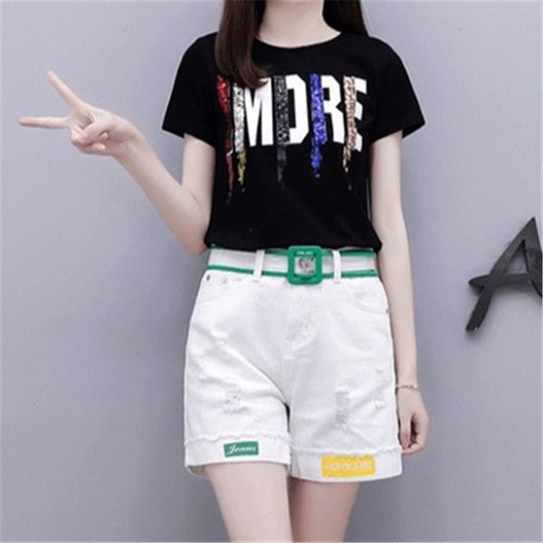 

2020 summer female tracksuit 2 piece sets pure cotton letters sequin short sleeve t-shirt+denim shorts leisure fashion suit, White