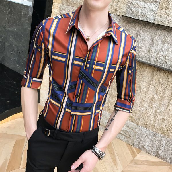 

silk shirts 2019 summer men's slim fit casual shirts club outfits mens dress office plaid printed mens vintage camicia, White;black