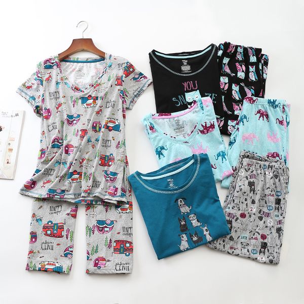 

plus size knitted cotton lady short-sleeved pajamas for women round neck pyjamas calf-length pants pijama mujer sleepwear s-xxxl, Blue;gray