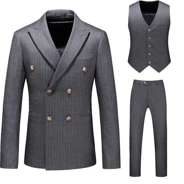 

men's suits & blazers 2021 suit set double-breasted striped print groom slim formal tuxedo for wedding party dress male classic busines, White;black