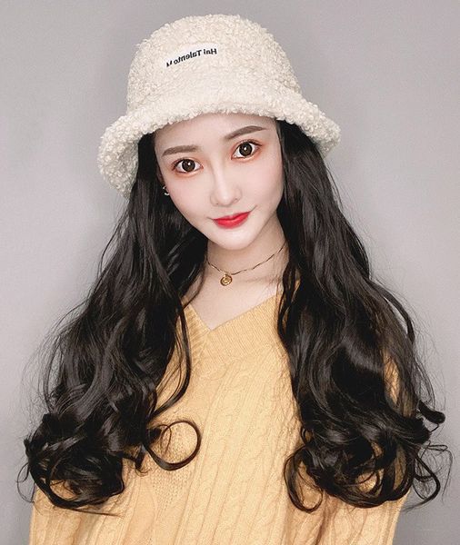 

wig and hat in one lambhair fisherman's hat long curly wig that can braid 60 cm long, Black