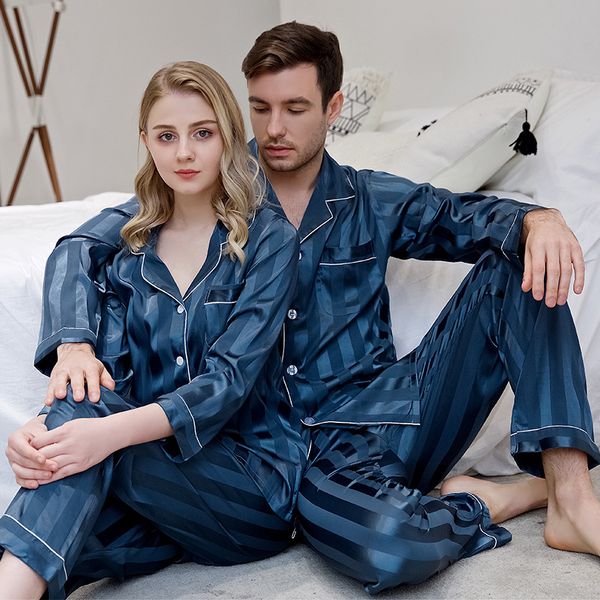 

tmall seller new thin close-fitting stain silk pyjamas set women men home cardigan striped long sleeve pijama suit, Black;brown
