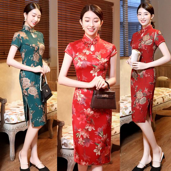

handmade button cheongsam chinese women's elegant short lady mandarin collar qipao dress clothing size -xxxxl, Red