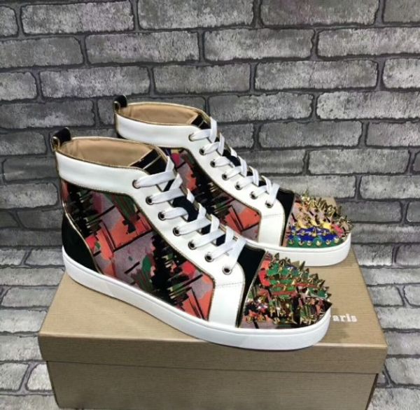 

red suede mix spikes high red bottom sneakers shoes for women,men famous brand casual walking party wedding with box bag, Black
