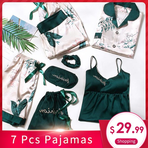 

7 pcs/set women pyjama set 2019 spring pajamas sets for girls sleep clothes sweet home pajama lady nightwear sleepwear suit, Blue;gray