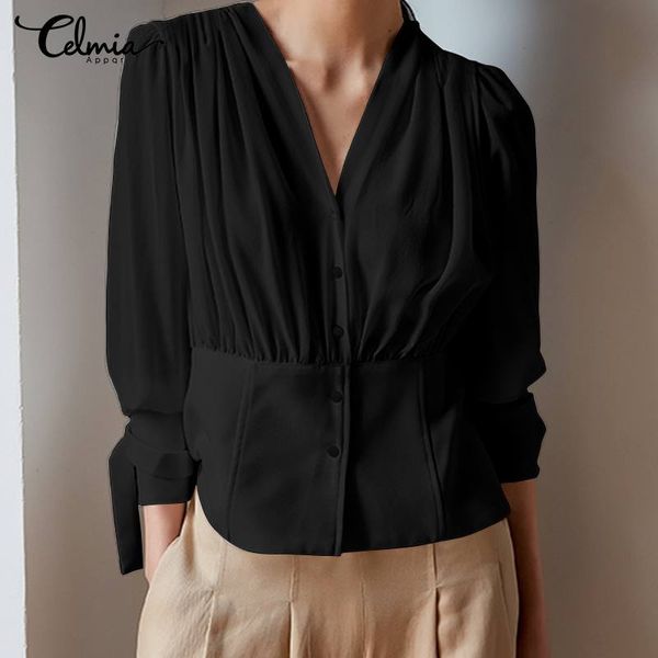 

elegant women celmia fashion chiffon blouses casual lantern sleeve deep v-neck shirt plus size ladies solid blusas 5xl, White
