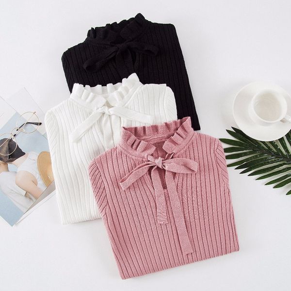 

korean slim knitted sweater female vintage lace up ruffle knitting pullover flare long sleeve winter sweater women pullovers, White;black