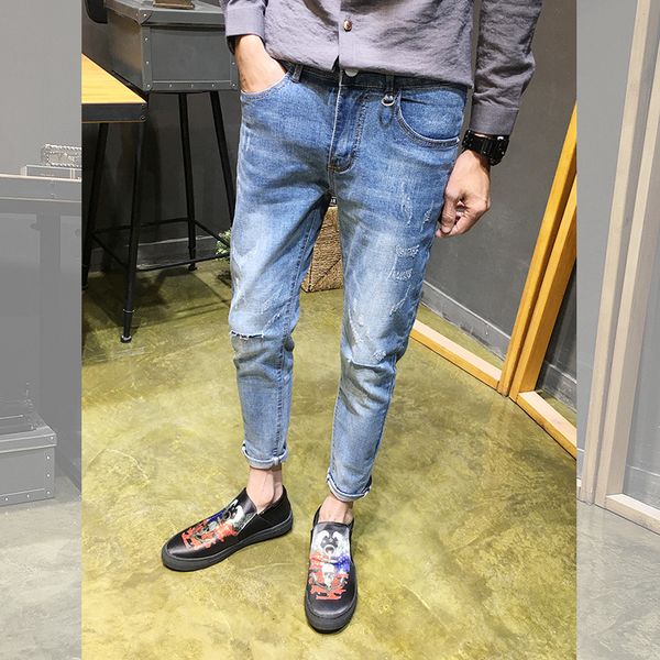 

2019 spring and summer new korean version of the tide simple loose tight elastic social wind casual retro hole jeans size 28-36, Blue