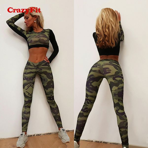 

crazyfit 2018 yoga set fitness clothing women gym camouflage long sleeve sport suit workout running sports pants sportswear, White;red