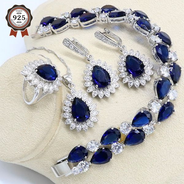

925 silver jewelry set for women royal blue semi-precious bracelet earrings necklace pendant ring wedding birthday gift box, Slivery;golden