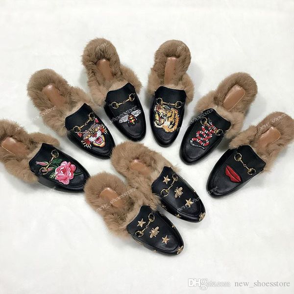 

winter women designer genuine leather loafers fur luxury slipper with buckle women princetown casual fur mules flats slippers shoes 34-41, Black