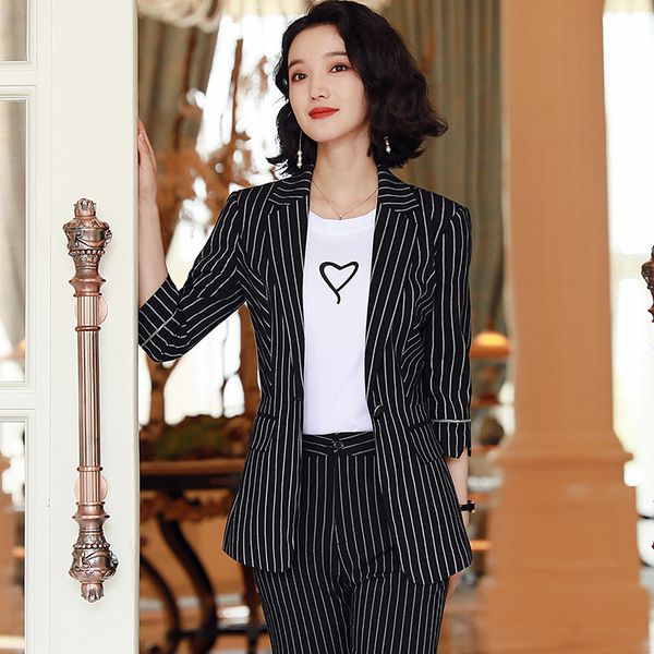 

2020 black gray female elegant stripes women's suit set blazer and trouser pant business uniform clothing office lady two pieces, White;black