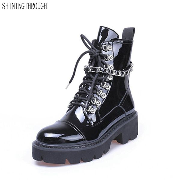 

fashion women ankle boots round toe autumn winter warm high heels shoes woman chain punk patent leather motorcycle boots, Black