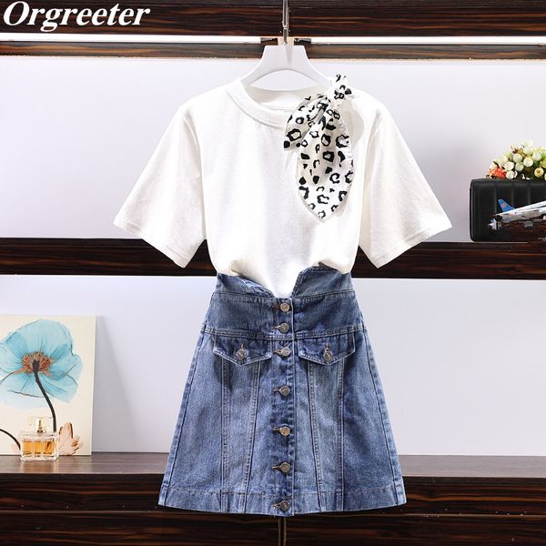 

leopard печати шарф воротник с коротким рукавом футболки с однобортный a-линия джинсовые юбки 2 piece set женщин плюс размер xl-5xl, White