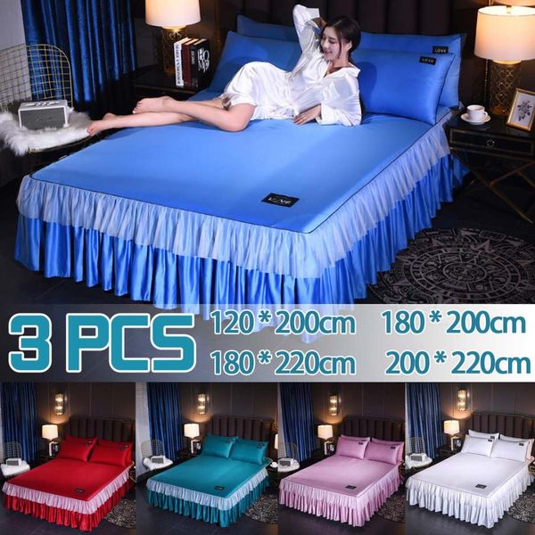 

3pcs luxury silk bedding sets soft smooth bed skirt with bed surface pillowcase home textile set full  king baby size
