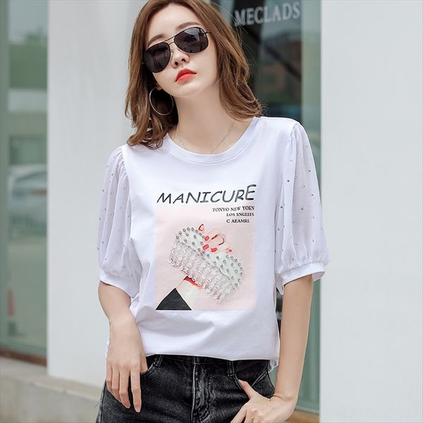 

sleeve lantern lantern t-shirt female 2020 xia kuansong slim fashion printed t-shirt heavy industry beaded 2133, White