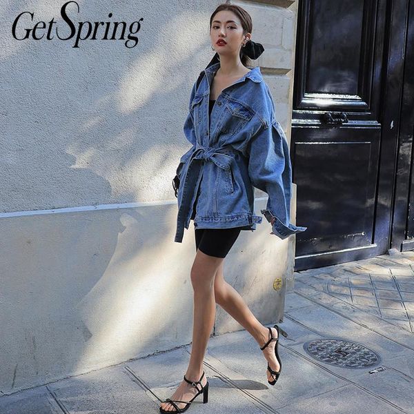 

getspring women coat women denim coats jackets bandage long coat jeans long sleeve denim jacket 2019 new autumn coats, Black;brown