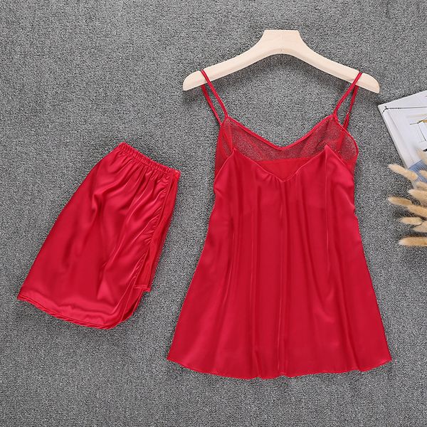 

women 2pc strap pants pajamas sets sleepwear summer lady home wear nightgown suit robe bath gown sleepshirts -xl, Black;red