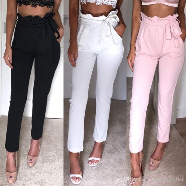 

casaul womens capris pants fashion sashes solid color high waist straight pants fashion simple style women pants, Black;white
