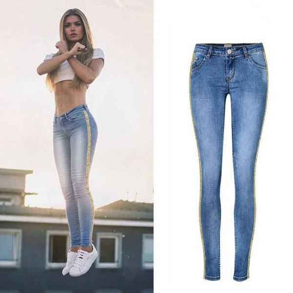 

women's jeans 2021 spring low waist metal side stripe women cotton denim slim skinny pencil pants mujer embroidered sequins trousers, Blue