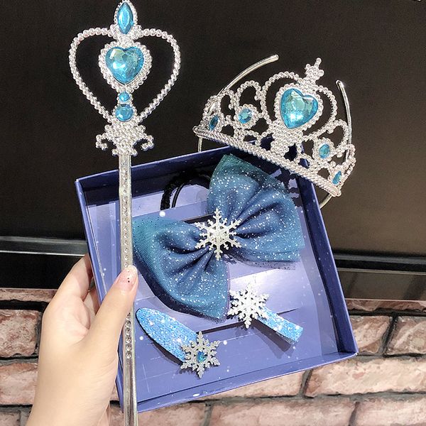 

snow queen 2 snowflake hair accessories 5pcs/set crystal bows hair clips girls princess crown magic sticks sets kids rainbow hairpins m840, Slivery;white