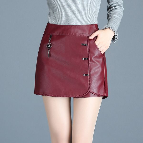 

2019 woman pu leather shorts skirts new spring autumn woman plus size high waist shorts pocket elegant office lady boots, White;black