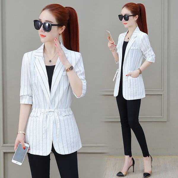 

небольшой пиджак женский корейский случайный британский ветер талия 2019 новая коллекция весна лето шикарный черный белый полосатый пиджак ж, White;black