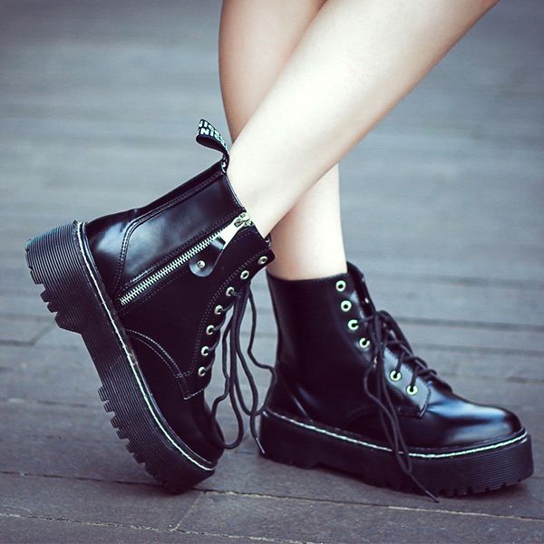 

thick heel women motorcycle boots high grade pu ankle shoes skid proof lace up platform booties zip boots c89, Black