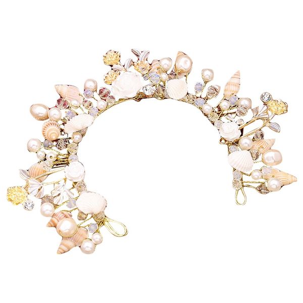 

rhinestone leaf headpieces charm headdress boho wedding hair accessories bridal shell crown pearl prom tiara headband for bride, Golden;white
