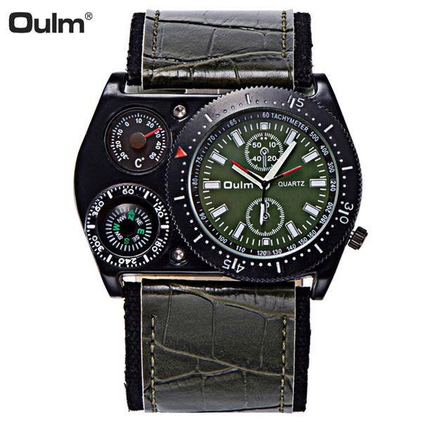 

oulm watch men multiple time zone quartz men watches waterproof men's watches green leather band relogio masculino reloj hombre, Slivery;brown