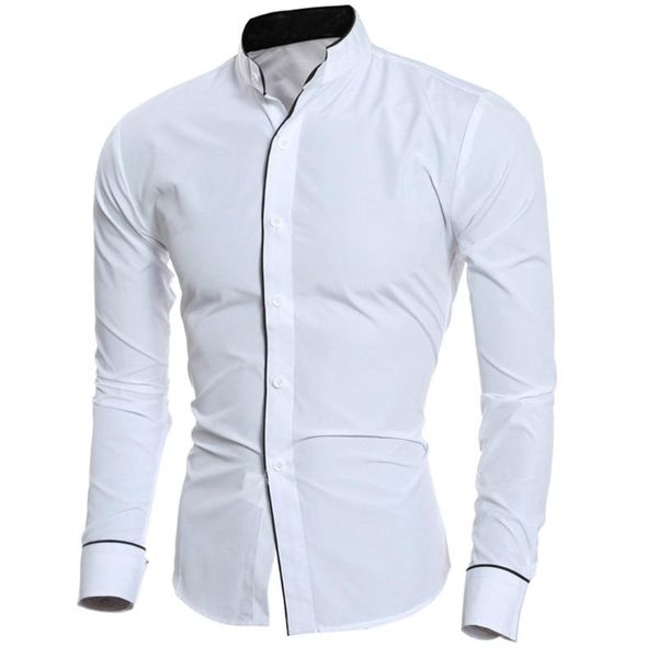

stand collar dress shirt men long sleev work men shirt slim fit camisas hombre gray white black