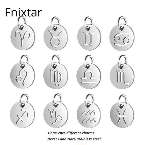 

fnixtar stainless steel 12mm zodiac charm pendants for jewelry making never fade 12 signs constellation metal charms 12pcs/lot, Bronze;silver
