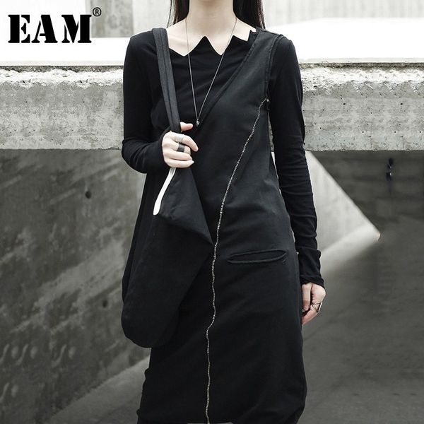 

eam] 2020 new spring black women fashion tide wild asymmetry slim ankle-leng pants double pocket jumpsuits la915, Black;white