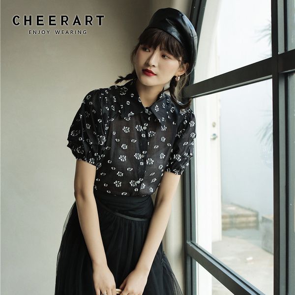

cheerart black see through summer puff sleeve blouse women collared short sleeve shirt floral print transparent top, White