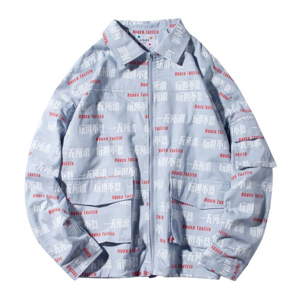 

2019 men's spring new casual pattern letter print long-sleeved lapel jacket loose temperament tide cotton streetwear, Black;brown