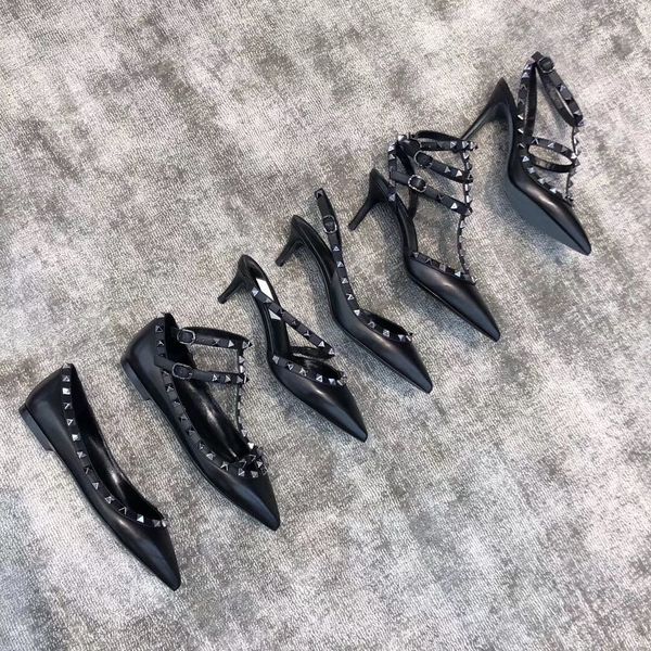 

shopping pointed toes 2 straps high heels patent leather studded sandals women shoes lover high heels 34-42 lll, Black