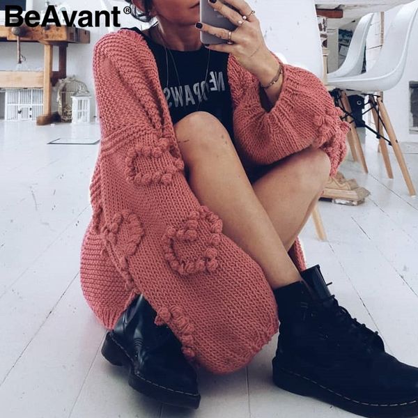 

beavant loose women knitted cardigans lantern sleeve heart crochet oversize sweaters autumn winter female cardigan coats outwear, White