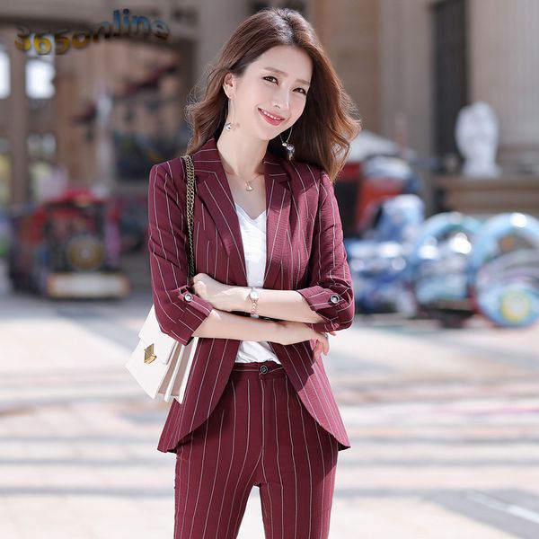

formal styles women business suits with pants and jackets coat elegant striped half sleeve office ladies pantsuits blazers, White;black