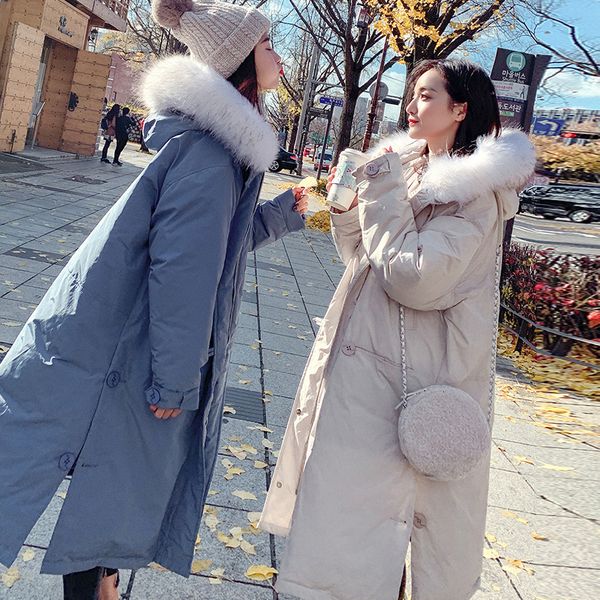 

real raccoon fur collar 2020 winter women white duck down jacket long down parkas outerwear coat thick warm loose female jacket, Black