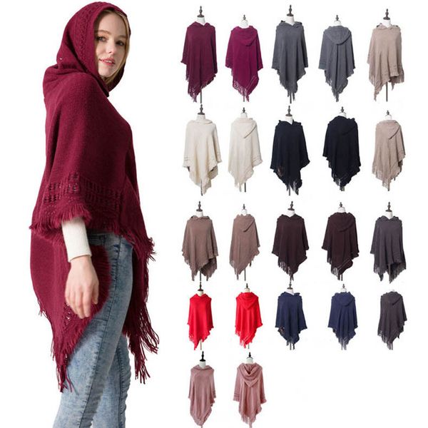 

designer winter fashion autumn/winter knitted hooded cape solid colour pullover cape warm scarf lady wraps 2019, Blue;gray